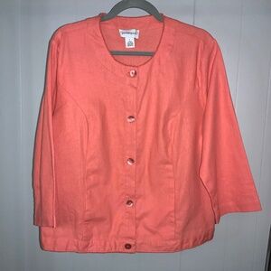 Peck & Peck linen blend button Jacket Sz L 3/4 Sleeve princess seaming pockets